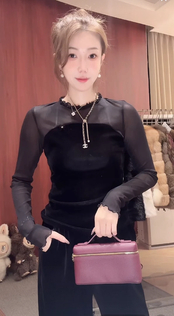 DEDM•STUDIO/气质减龄木耳领百搭拼丝绒长袖修身上衣2509TX/72200