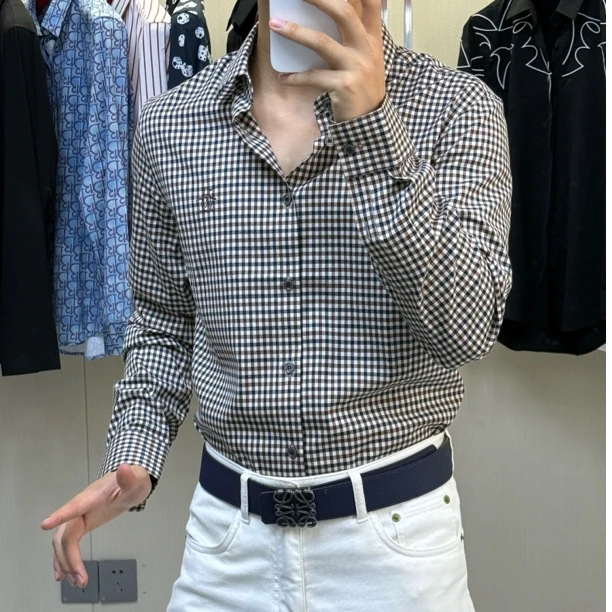 男士秋季休闲格子长袖衬衫商务百搭时尚修身帅气衬衣夏季复古春季