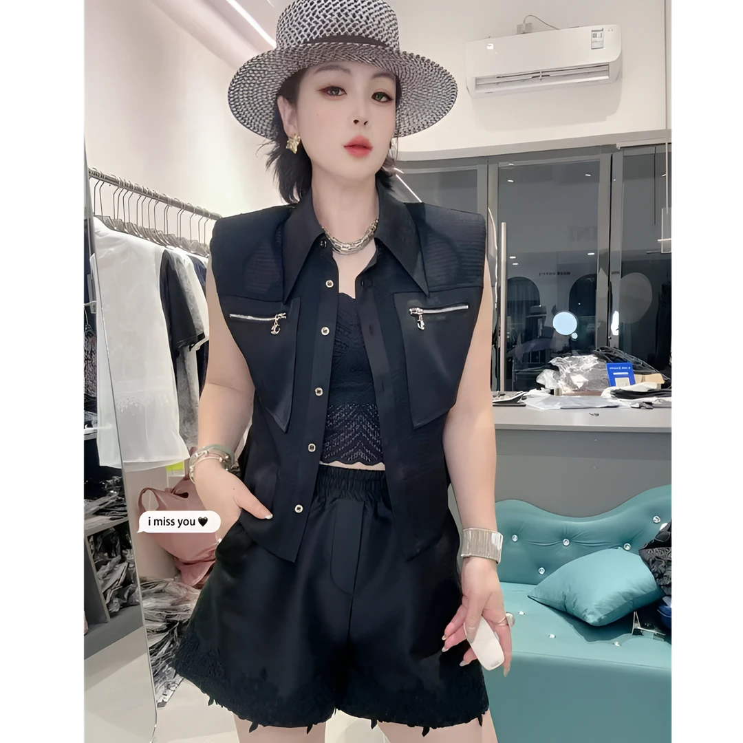 【依尚精选】翻领拉链短袖衬衫开衫女夏季新款韩版拼接上衣