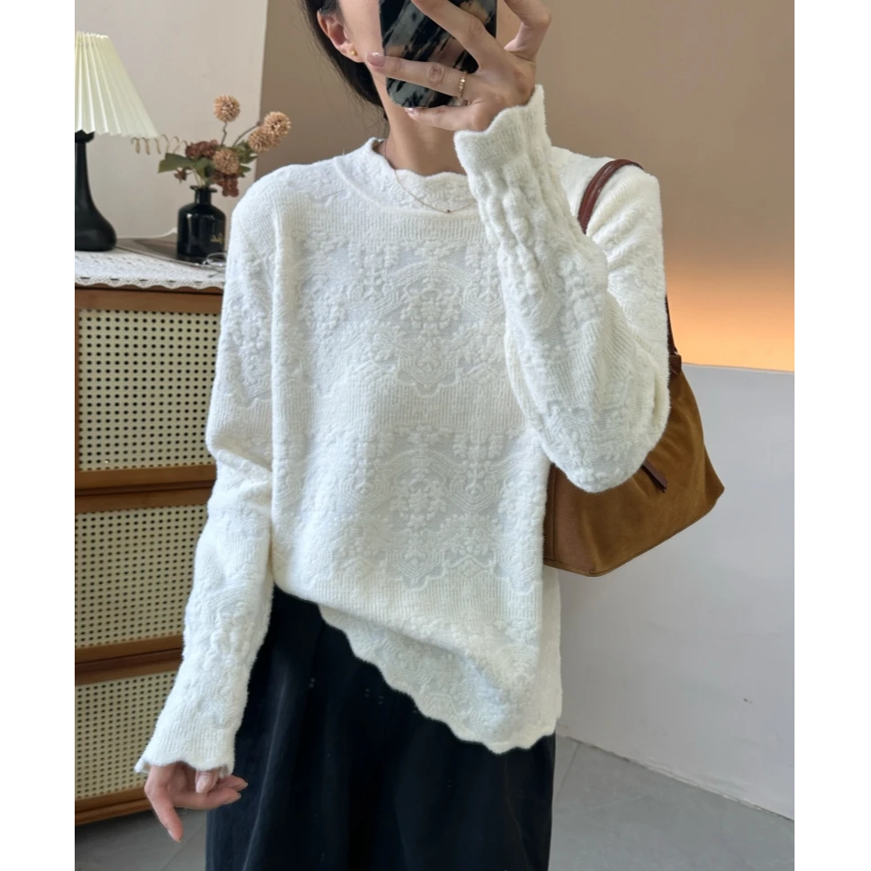 毛绒感花边寸领内搭立体浮雕提花打底衫别致长袖针织衫宽松上衣厚