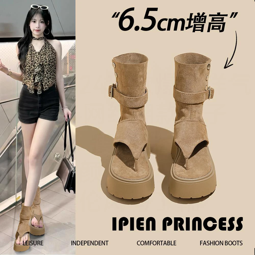 复古夹趾罗马凉鞋2025夏季新款透气短靴厚底增高百搭凉靴子堆堆靴