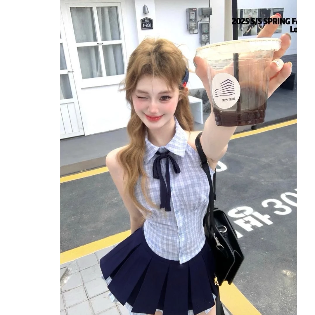 【韩系学姐】夏季泰式小众甜辣妹格子挂脖背心上衣+百褶裙两件套