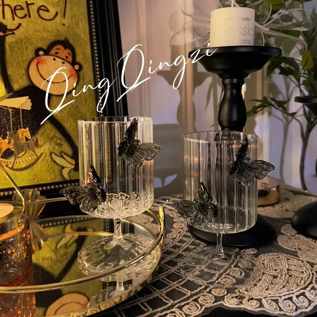 轻奢透明水晶玻璃黑色蝴蝶高脚杯双支装蝴蝶酒杯高颜值玻璃杯