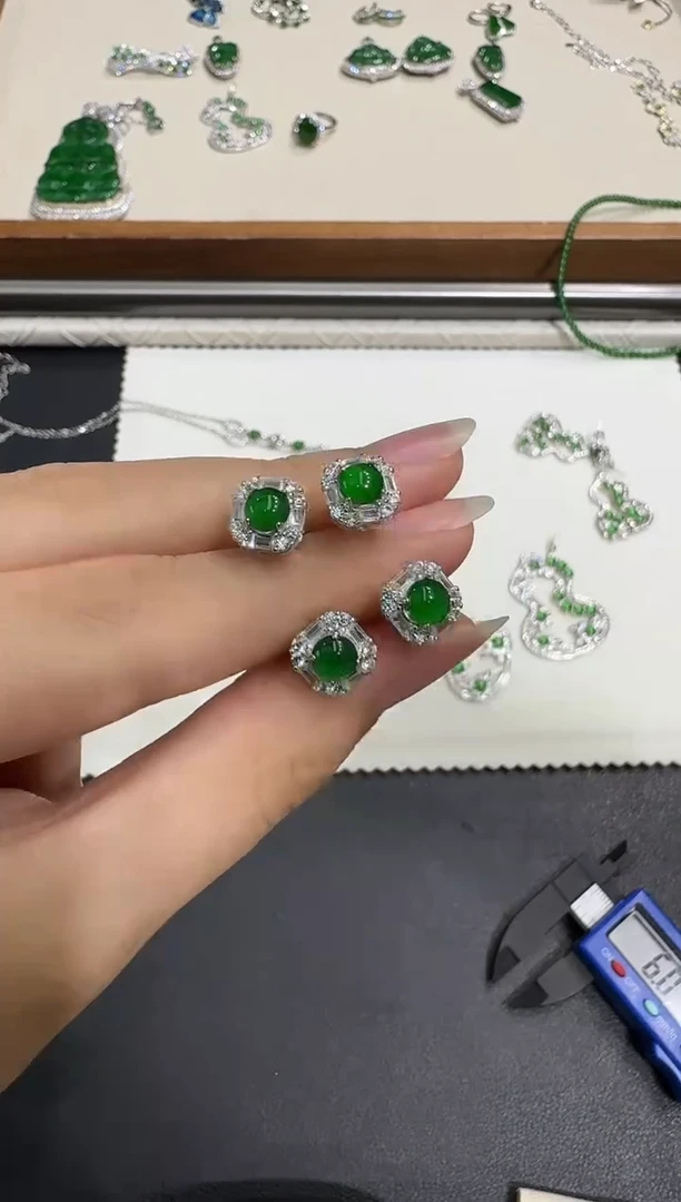 银S925镶嵌翡翠耳饰X1007-886-350多样性一对