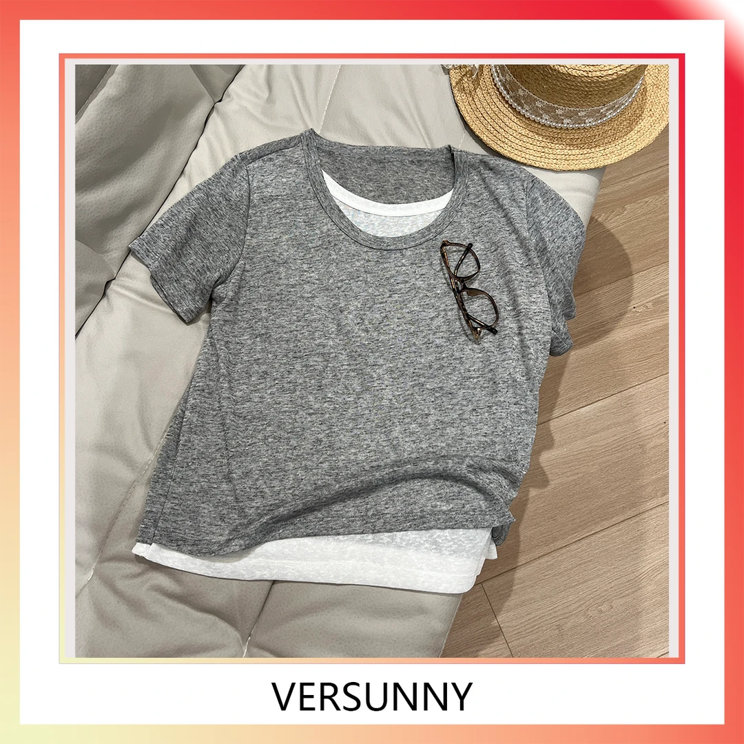 (3436)假两件百搭显瘦宽松大板拼接T恤