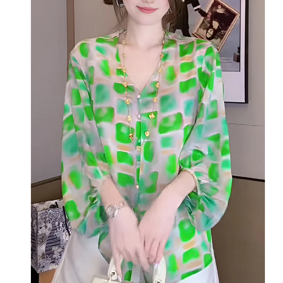 v领遮肚子衬衫女士妈妈装夏季洋气宽松显瘦小衫绿色印花时尚上衣