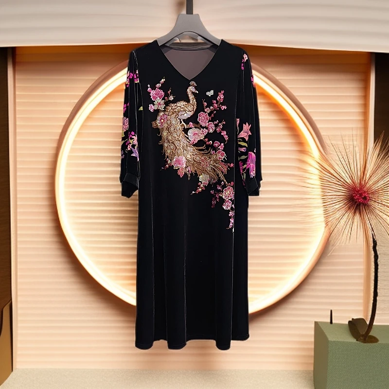 889135新款时尚高贵气质轻奢优雅妈妈装百搭显瘦弹力洋气连衣裙