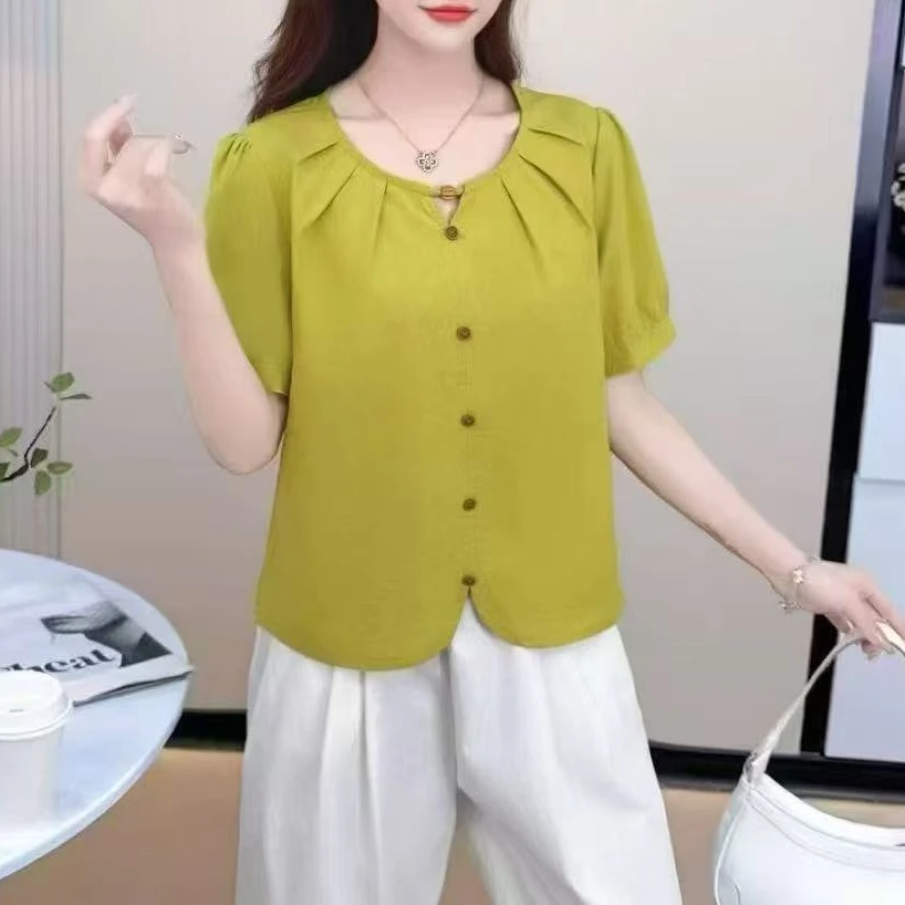 【慕喜】2025夏季圆领气质减龄小衫短袖X71