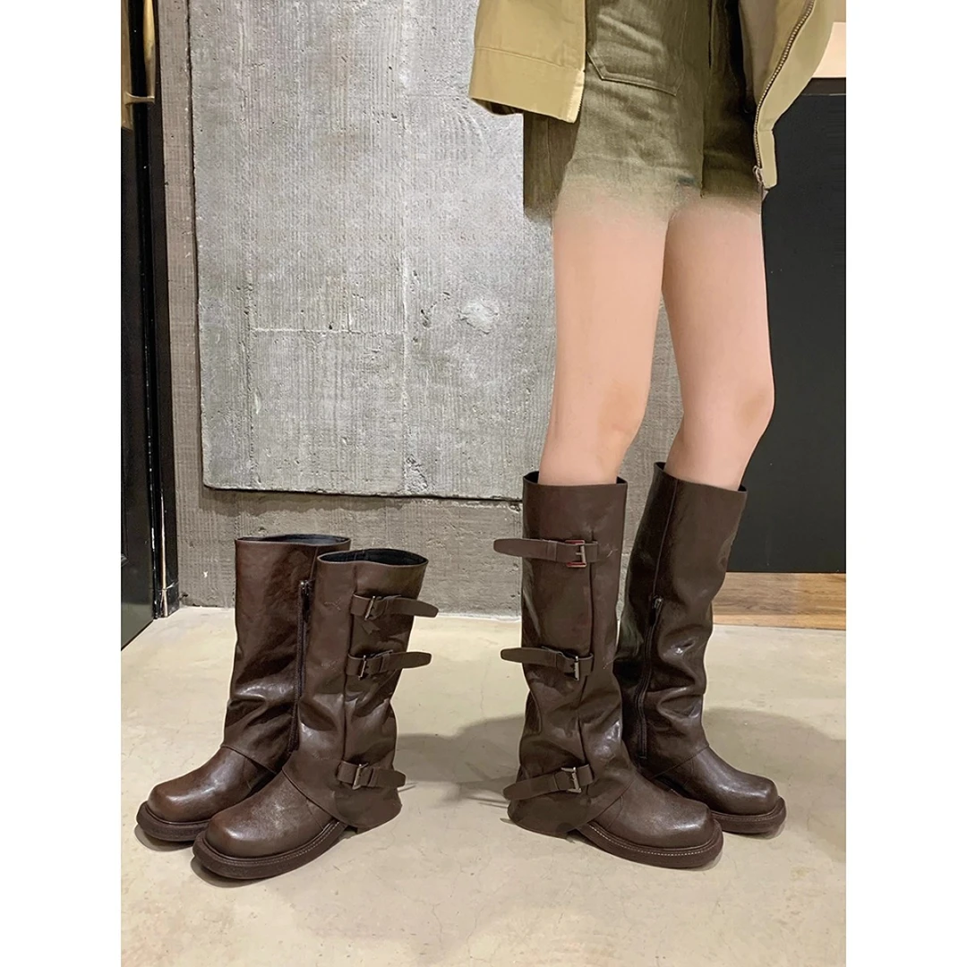 复古英伦风厚底裤管靴女秋小众设计烟筒靴褶皱短筒堆堆靴