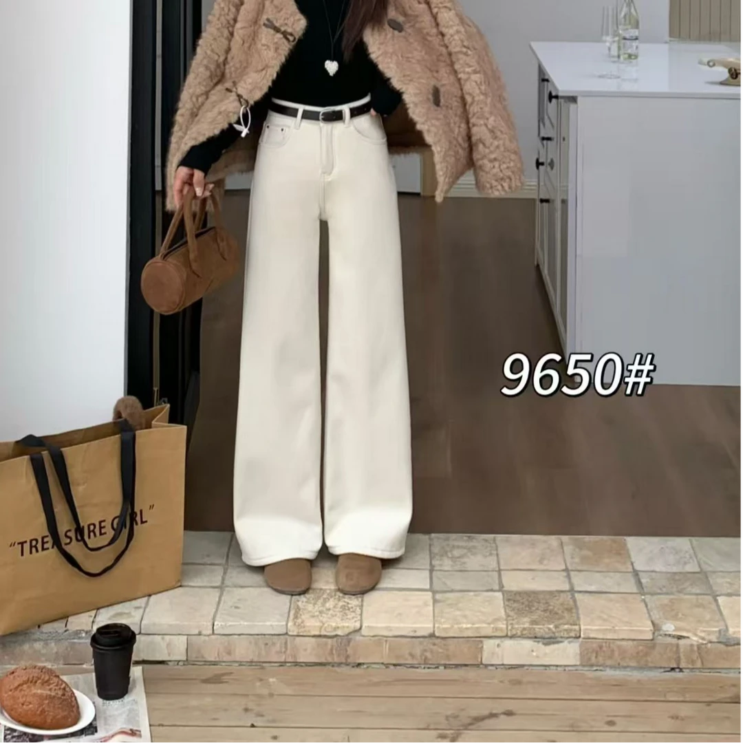【静姐家】9650【加厚密密绒】秋冬时尚百搭宽松显瘦女直筒牛仔裤