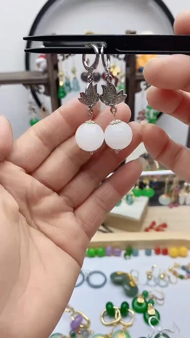 银S925镶嵌和田玉耳饰157