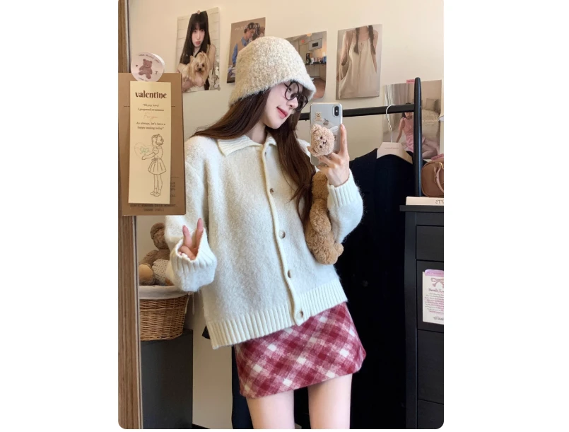 女长袖拼接翻领常规纯色毛针织衫洋气针织衫小香风