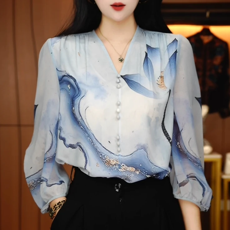 W250167- 新款琉璃双皱丝洋气时尚百搭休闲气质女士印花小衫显瘦