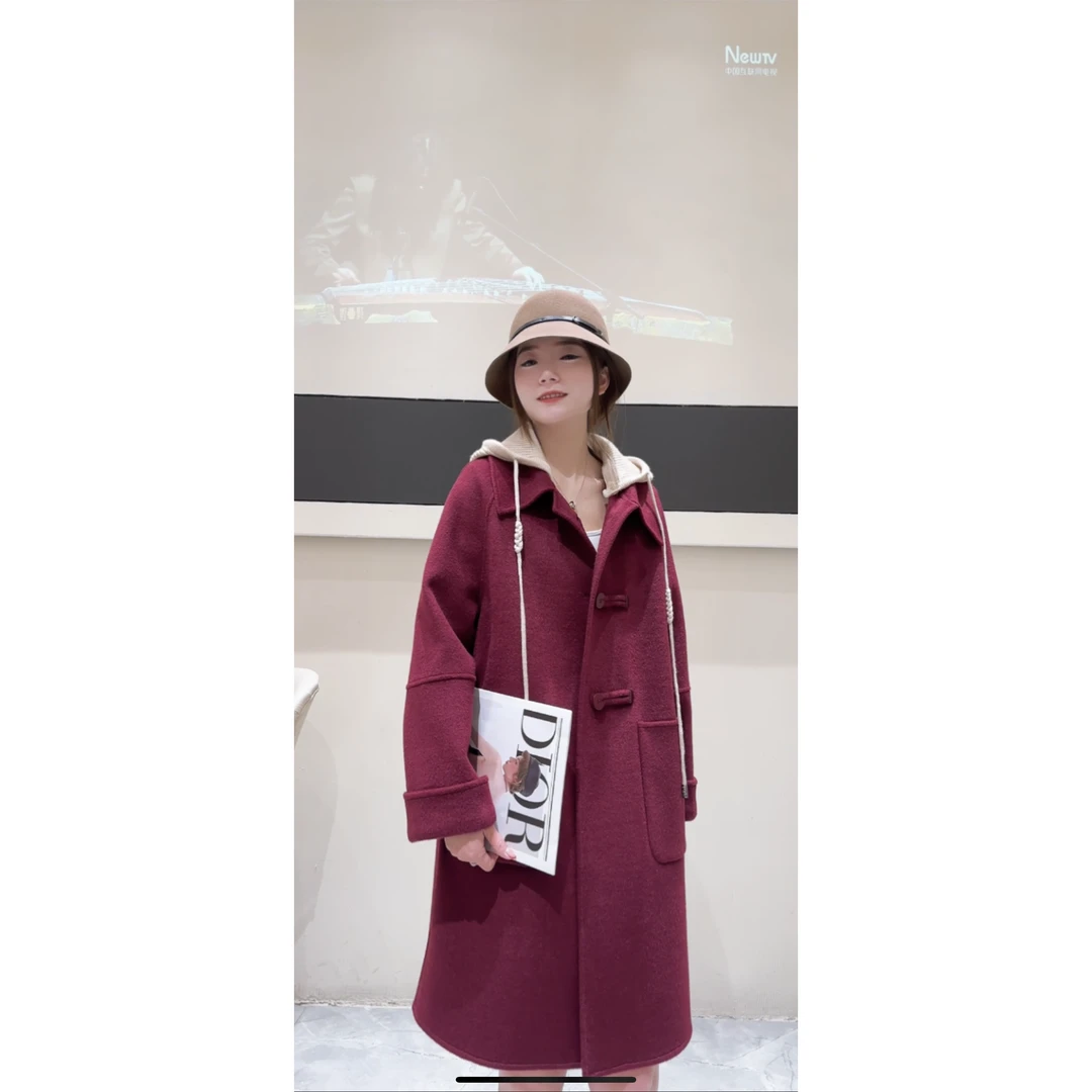 113款-新款小个子休闲连帽双面羊毛呢子大衣中长款韩系外套