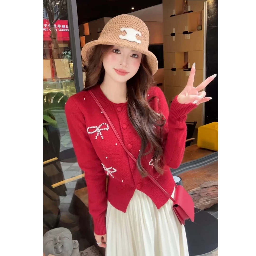 洋气独特别致蝴蝶结钉珠毛衣外套长袖针织开衫设计感上衣#9352