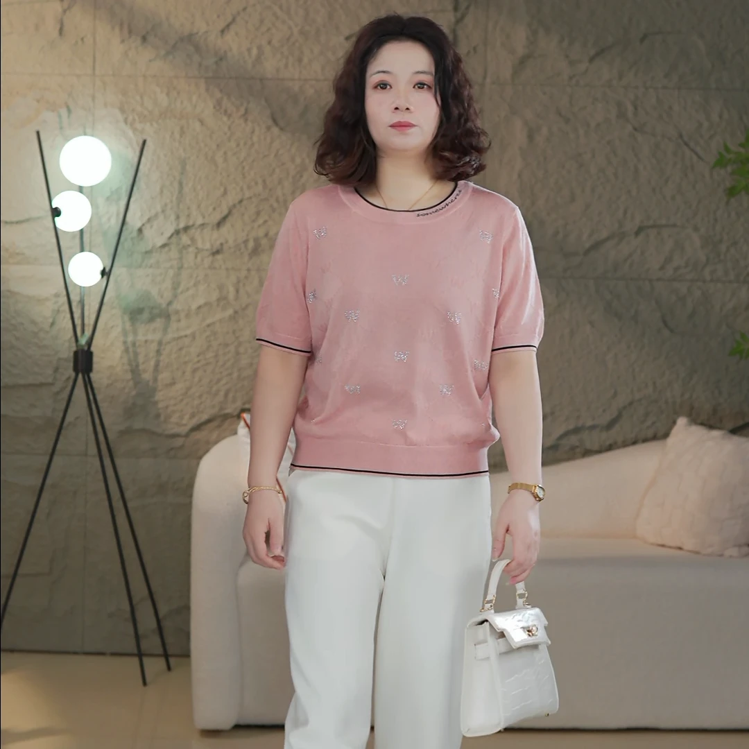 中老年妈妈装夏兰精天 丝短袖上衣精致蝴蝶烫钻浪漫休闲风格310