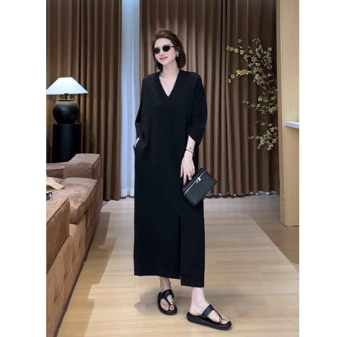 YYOUHAN 2025夏季小众设计极简鱼骨走线V领百搭连衣裙 2505C2658