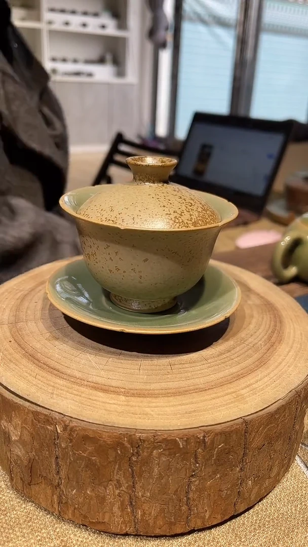 摆件陶原生态原矿草木灰葱绿3.0版本双色釉盖碗