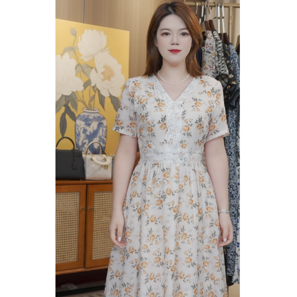 3068L米白底橘花钉珠蕾丝花边连衣裙夏季新款优雅知性收腰A字裙