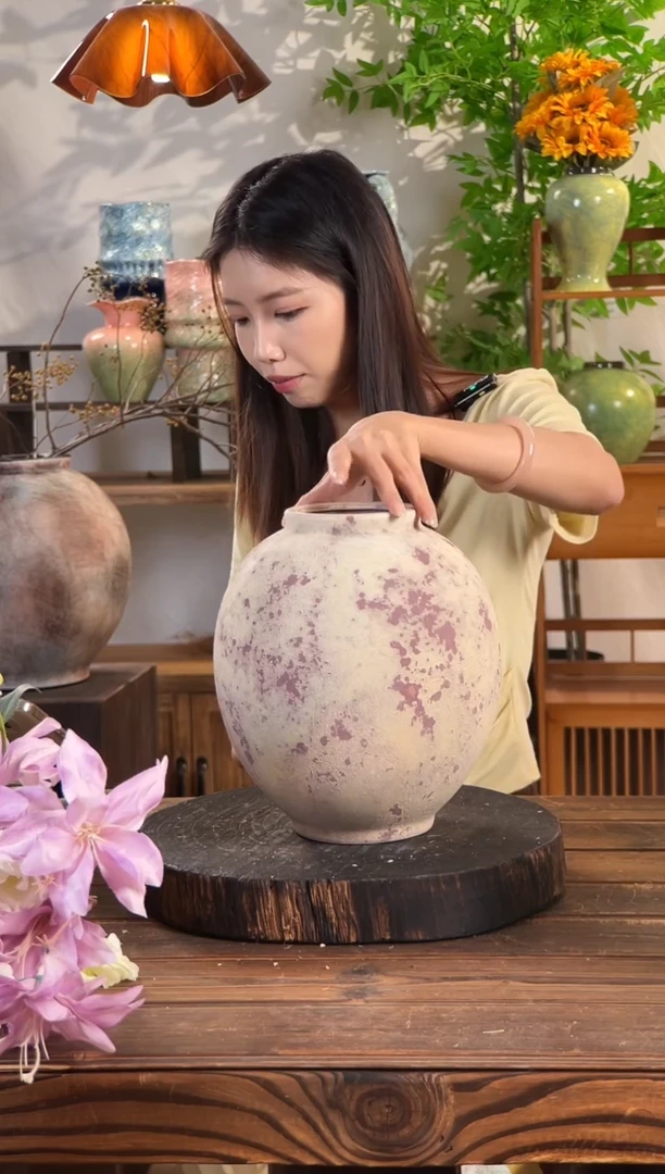 【斑点红月亮罐】侘寂风斑驳陶罐水培陶瓷花瓶【口10直径24高24.5cm】