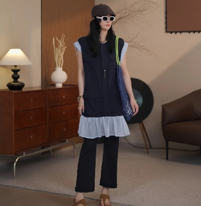 FY3515夏季新款时髦宽松遮肉拼接简约显瘦撞色设计感连衣裙