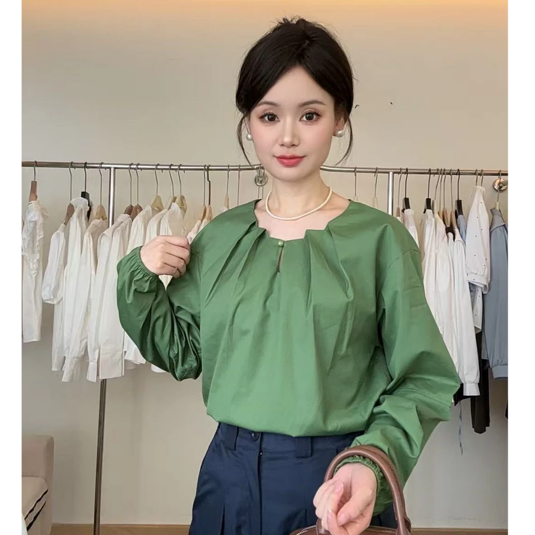 166夏季半开领衬衣薄款圆领衬衫气质女士短袖白色纯色宽松