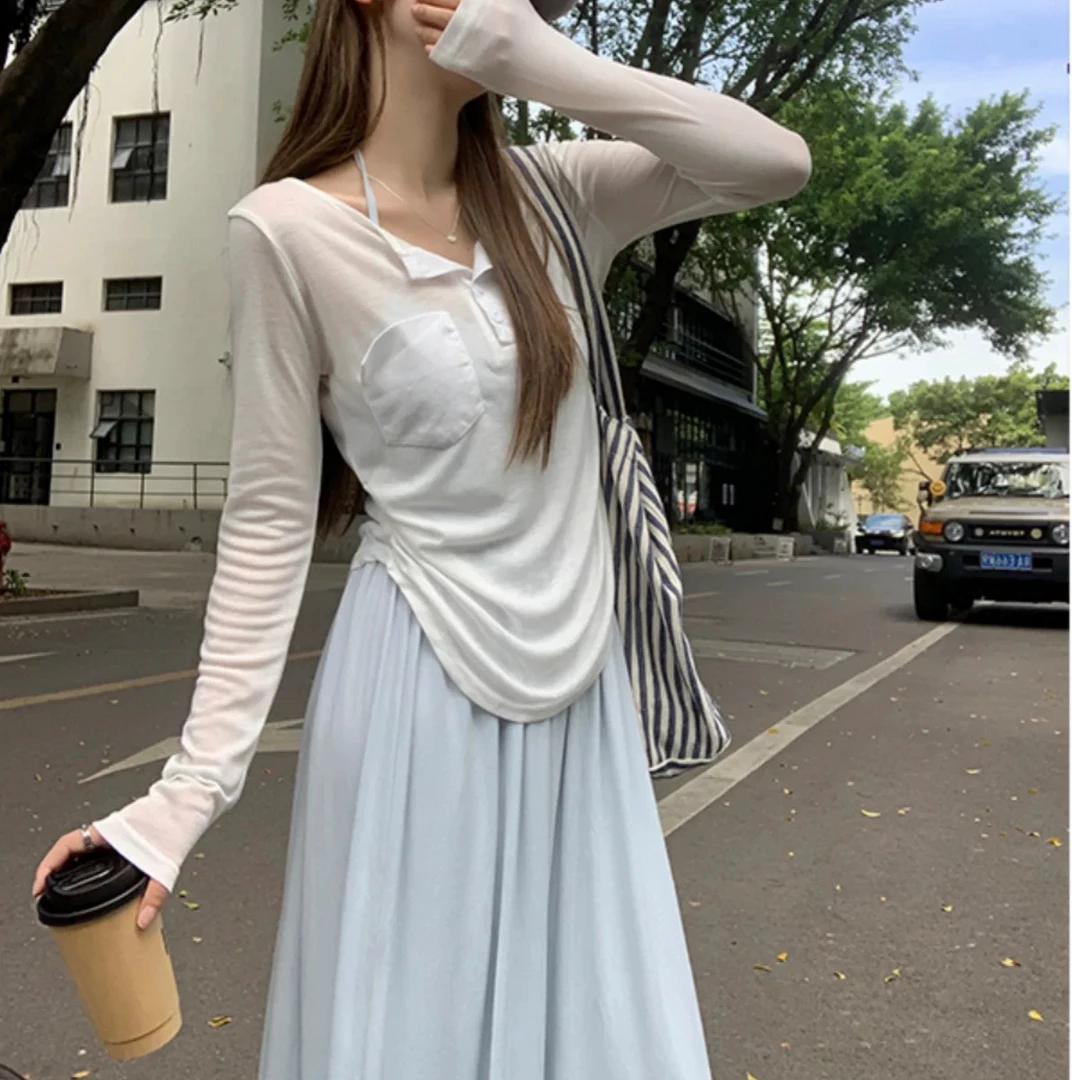 大码挂脖吊带慵懒绑带防晒长裙两件套夏季9015