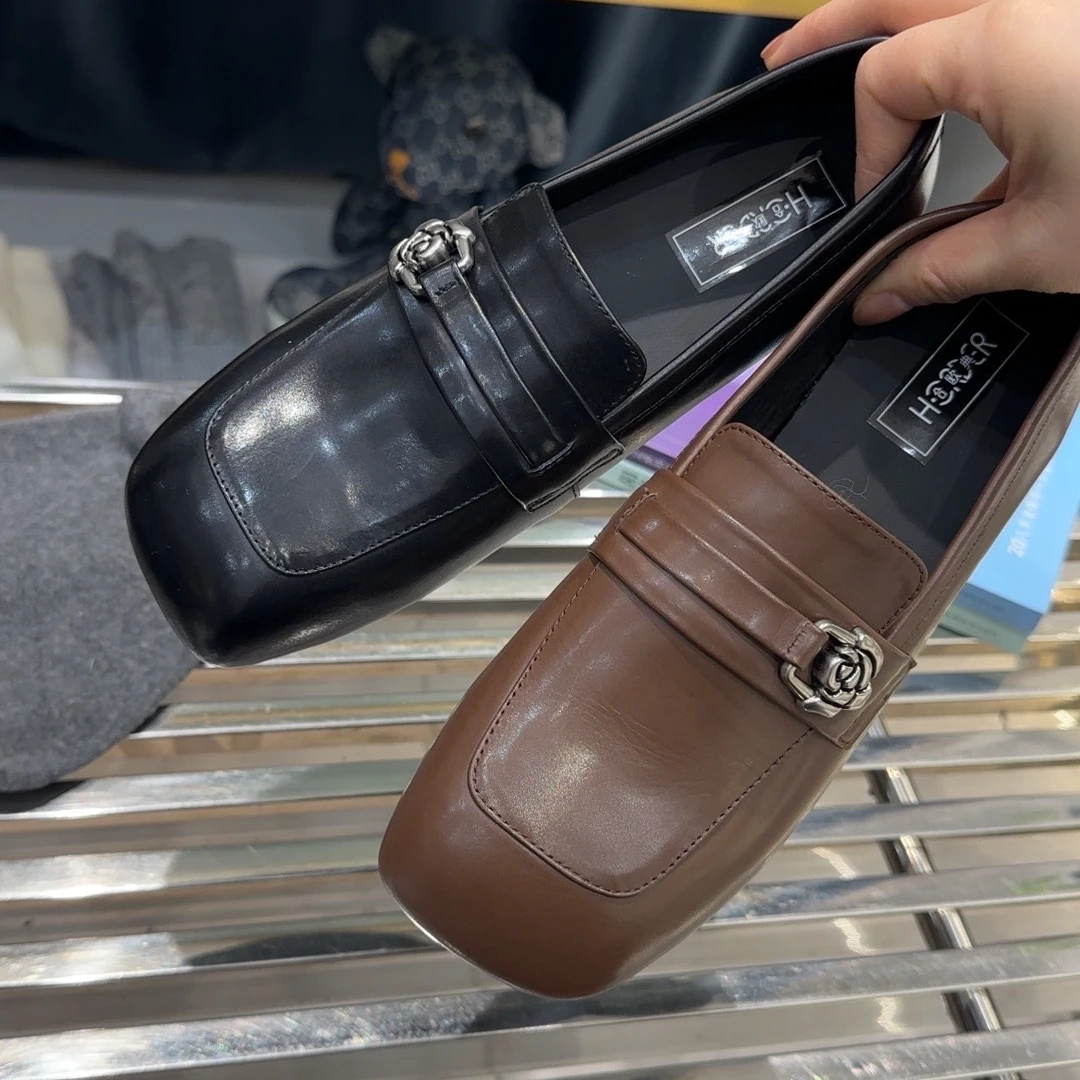 [大韩韩]早春新款2568-5胎牛皮方头气质百搭单鞋1cm左右乐福鞋