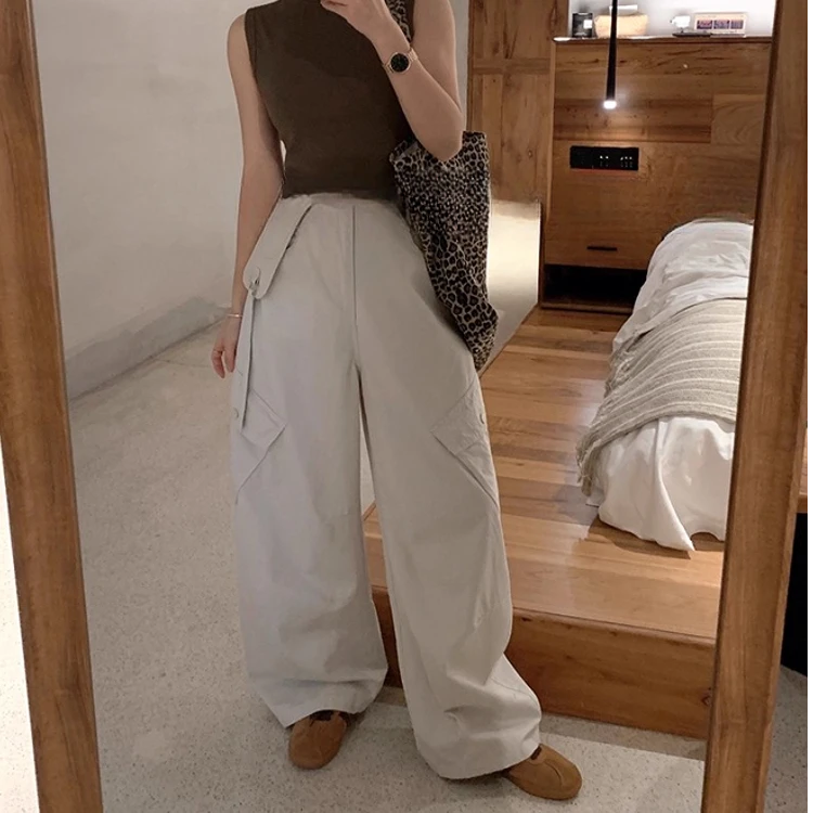 高端货~米色口袋设计工装休闲裤女春秋下三季可搭新款宽松阔腿裤