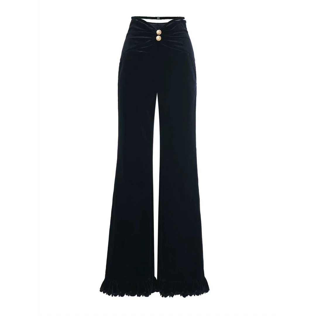 LeFame/拉飞姆23冬法式丝绒裤长裤显瘦微喇黑色时尚LF23D11SP207