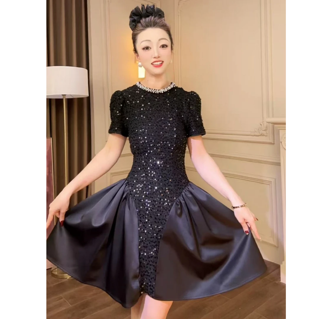2025年夏季新款时尚气质定制设计师名媛亮片黑色显瘦连衣裙21695