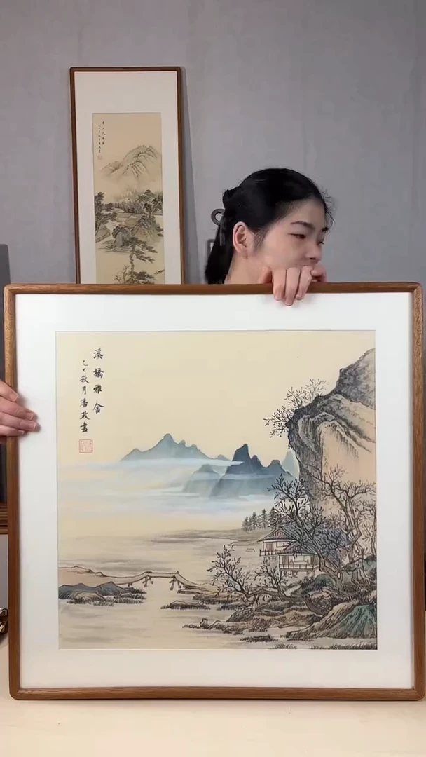 国画手绘*溪桥雅舍*62*62cm实木框