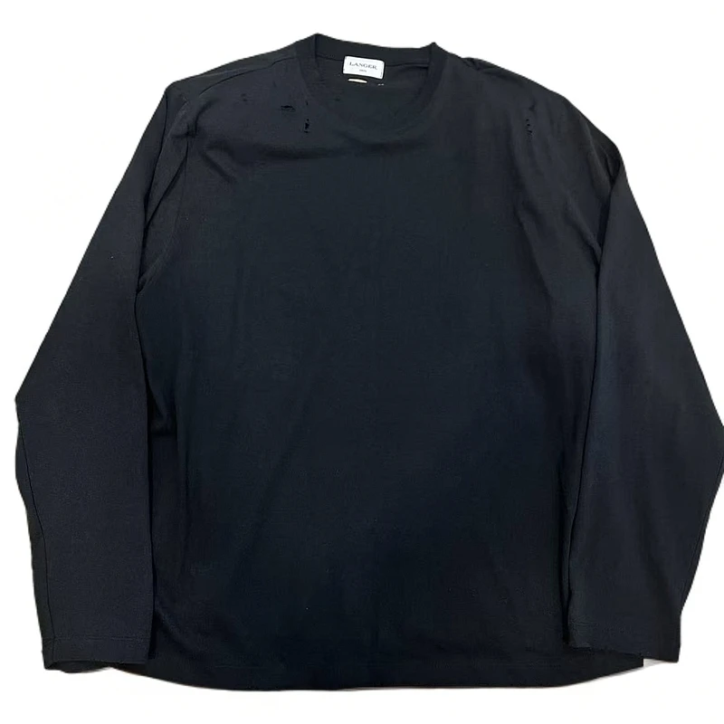 韩国大灯家LANGER 圆领短袖设计感领口破洞长袖圆领T恤 早春new款