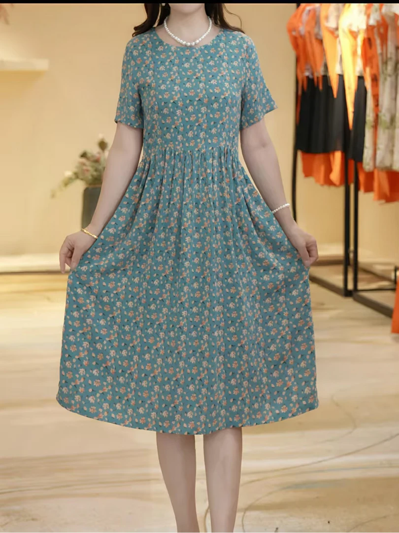 10264-短袖连衣裙女大码宽松遮肉显瘦洋气印花长裙子妈妈装【F仓】