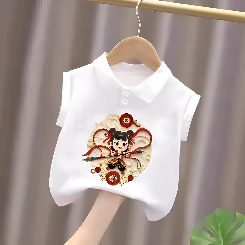 男童新款套装哪吒上衣服宝宝夏季纯棉无袖Polo衫儿童卡通打底衫潮