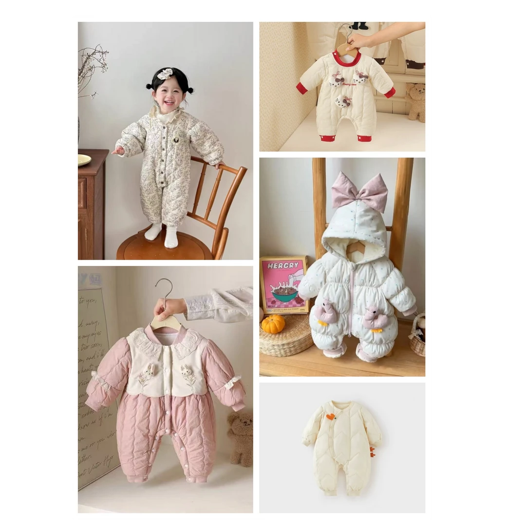 冬款宝宝棉服新款天鹅彩点连帽蝴蝶结加绒卡通女宝棉哈衣