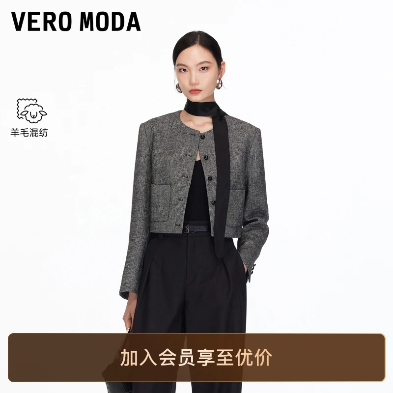 Vero Moda短外套2025秋季新款含绵羊毛圆领双口袋优雅老钱风小众