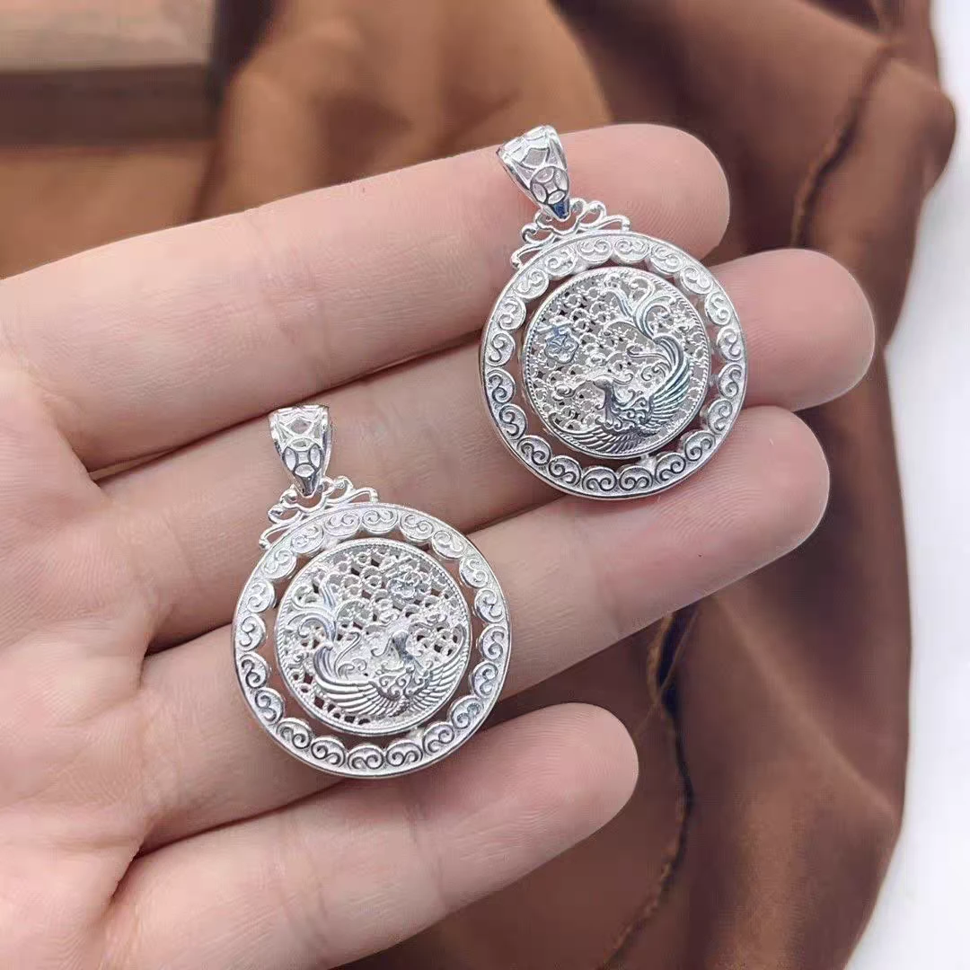 吊坠足银 足银999时来运转花丝凤凰罗盘吊坠八宝罗盘可旋转镂空
