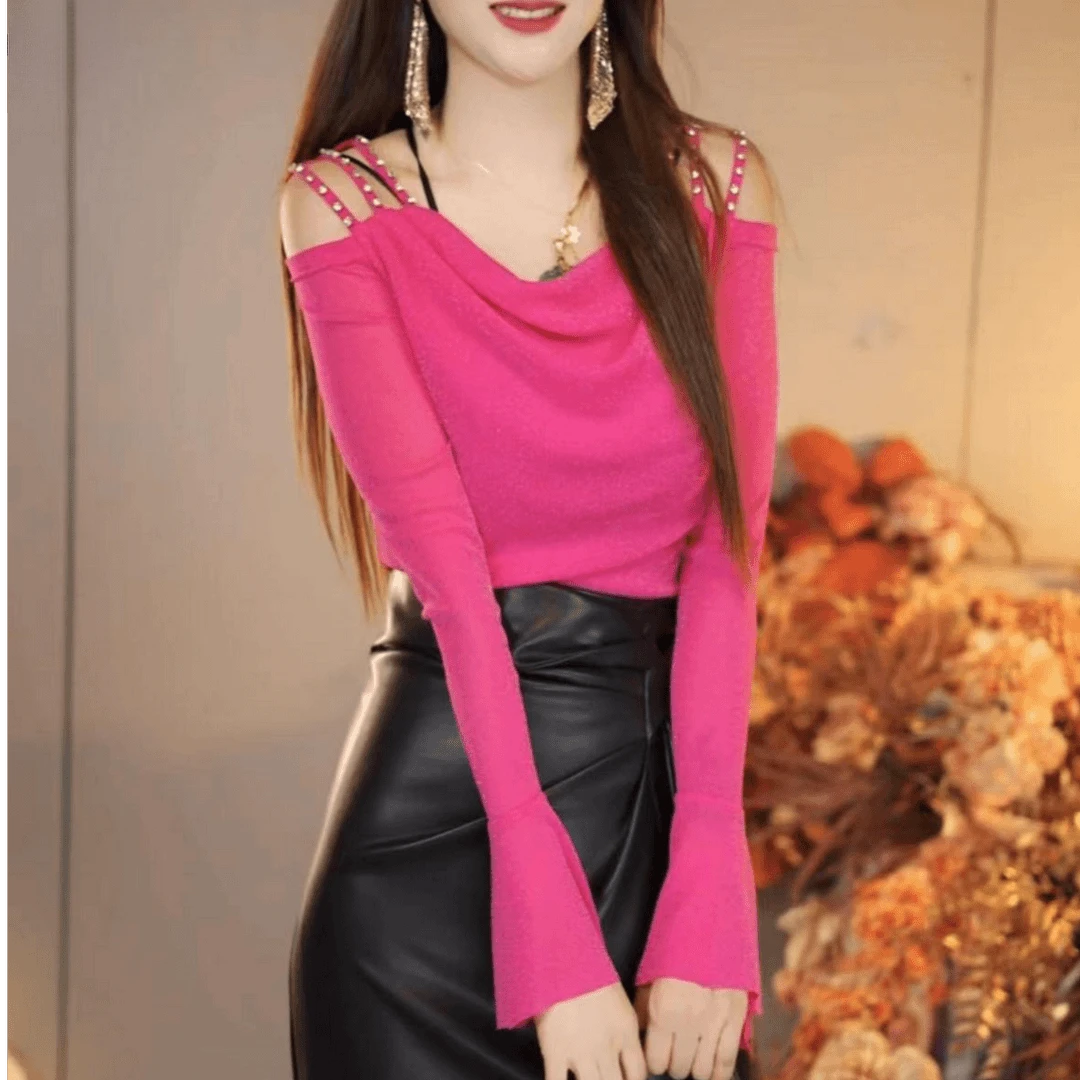 设计感别致百搭舞蹈服气质堆堆领露肩镶钻网纱长袖T恤女秋季新款