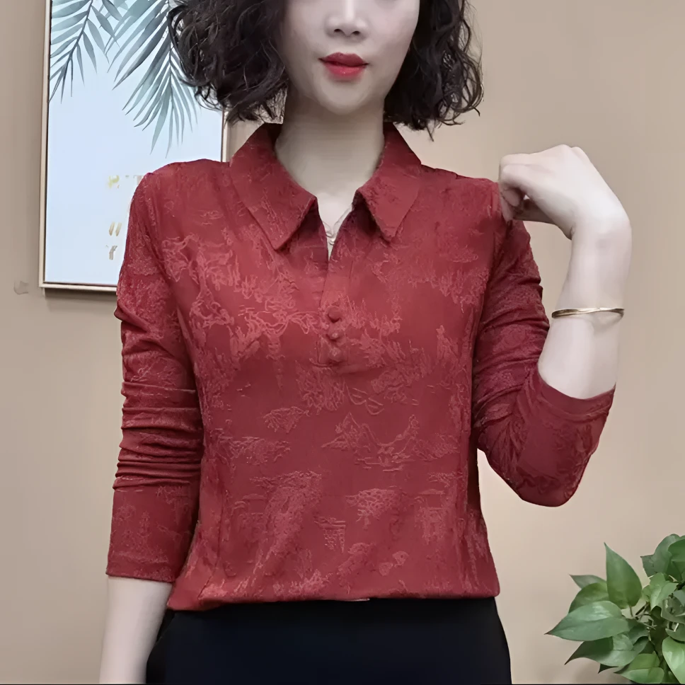 2025春季新款时尚百搭衬衫领提花女士长袖减龄显瘦气质上衣小衫