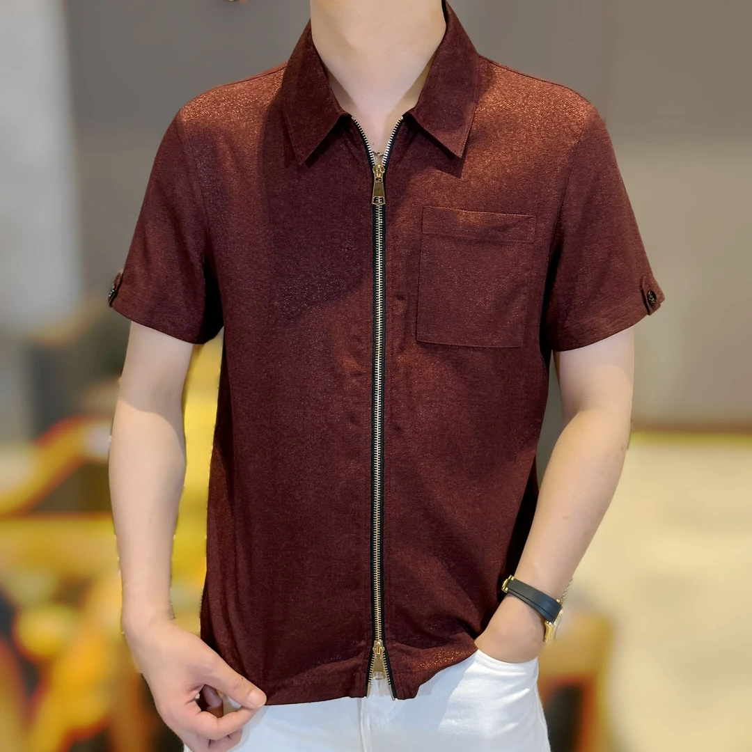 2025夏季新款男士休闲时尚简约纯色高级感双拉链薄款翻领短袖衬衫
