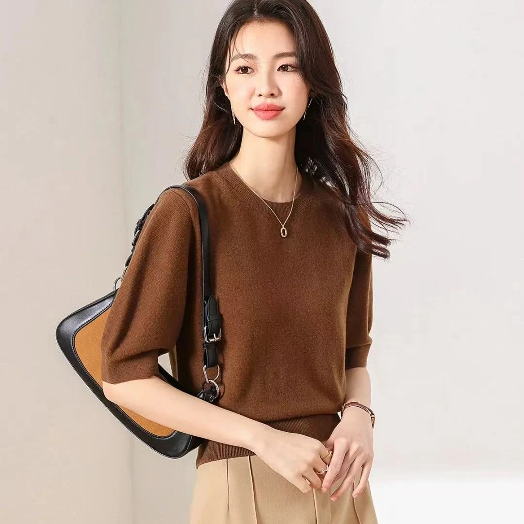 100%绵羊毛短袖圆领女式羊毛衫25DAK0050