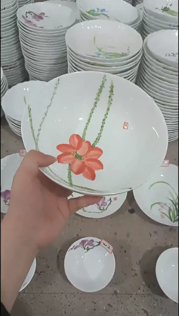 碗年终大促 两个装景德镇高温白玉瓷釉下彩手绘8英寸汤碗红荷花