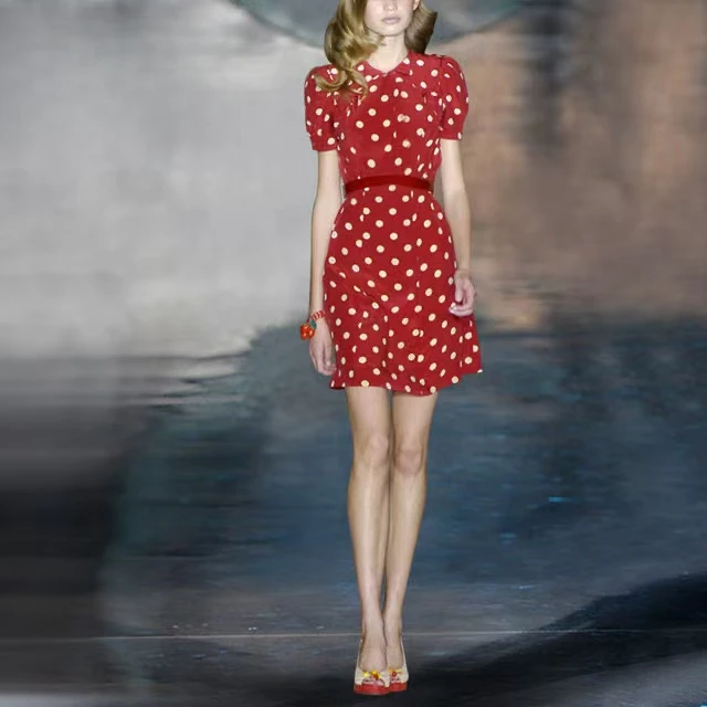 平凡高定！洋气别致波点连衣裙百搭通勤法式中长裙W0589