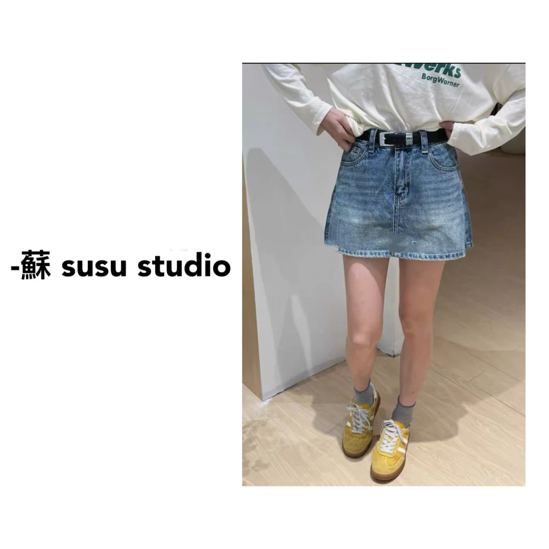 SU 美式百搭小个子辣妹复古牛仔高腰裤裙  H0183