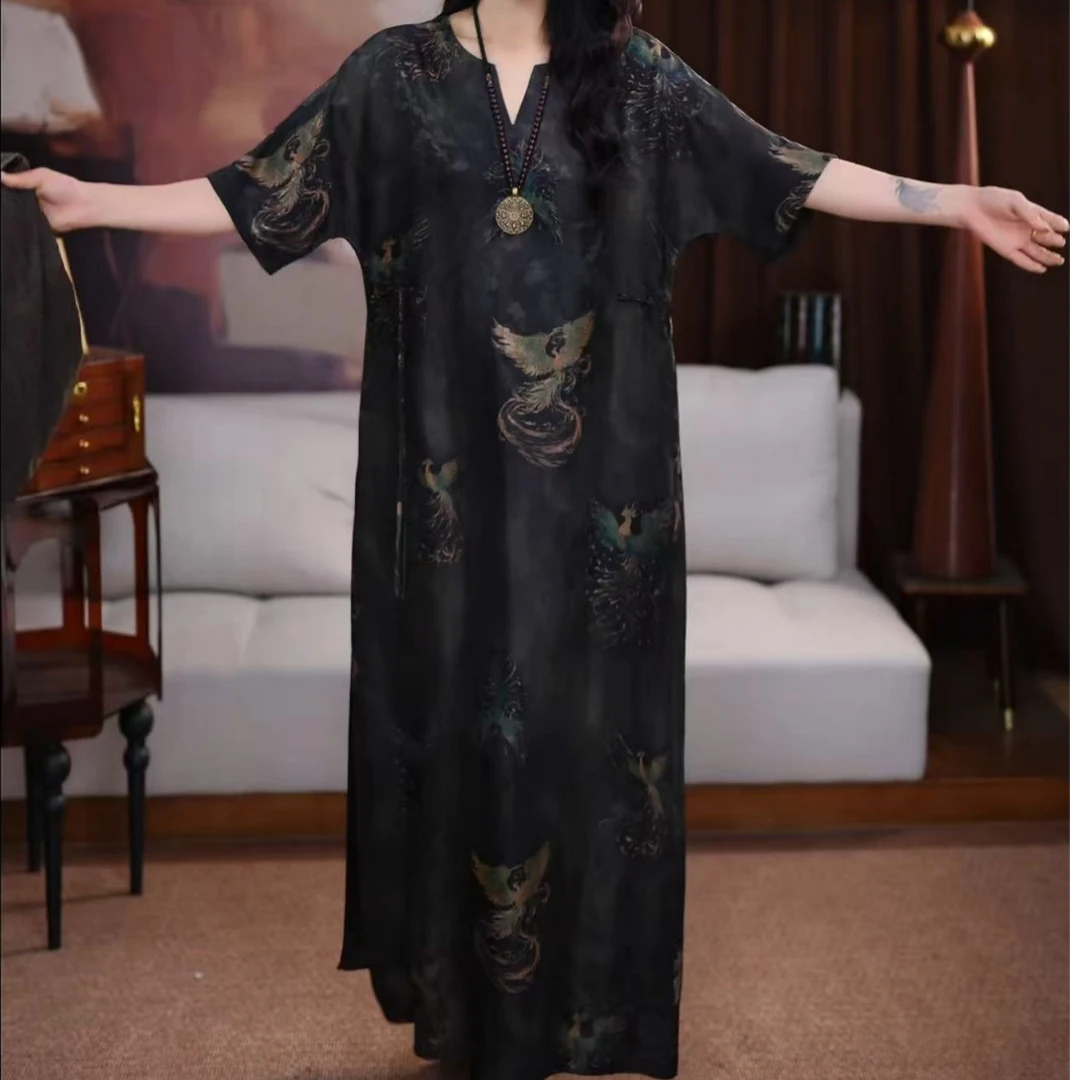 【瑶栖】香云纱新中式设计感夏季短袖V领修身季百搭国风连衣裙