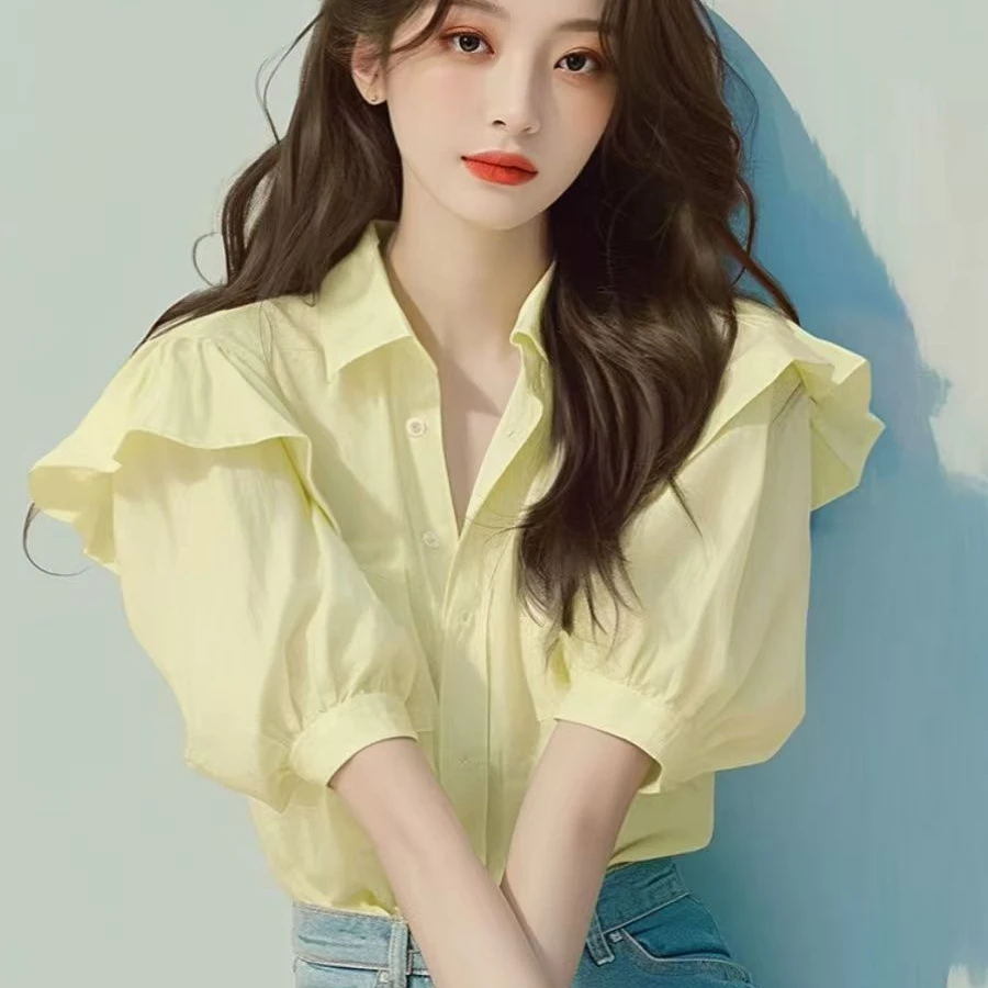 小个子别致绝美上衣2025新款高级感超好看气质减龄黄色衬衫女