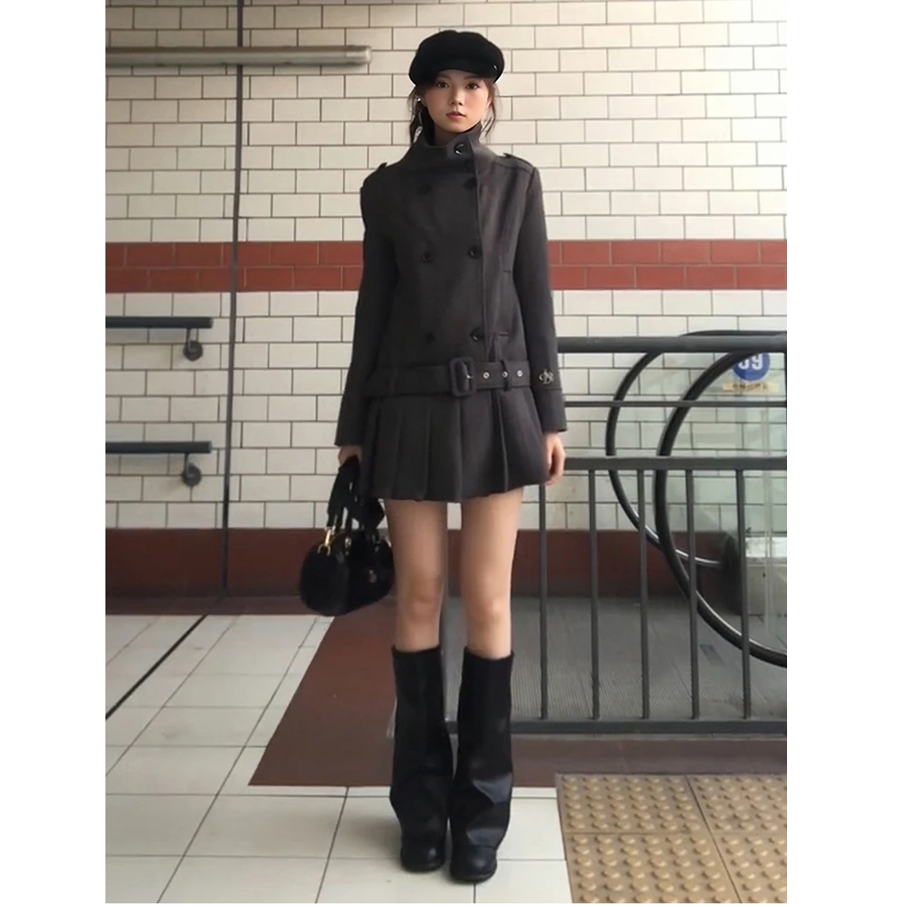 韩系古早立领百褶大衣连衣裙风衣裙女气质收腰通勤显瘦上衣