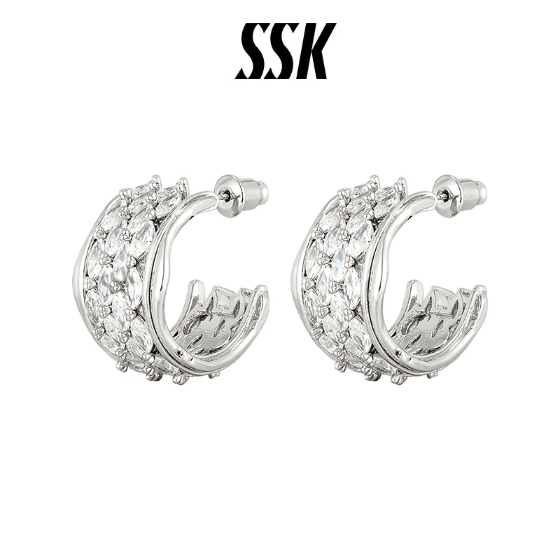 SSK 铜合金耳饰 【荆棘】宽面满锆耳钉