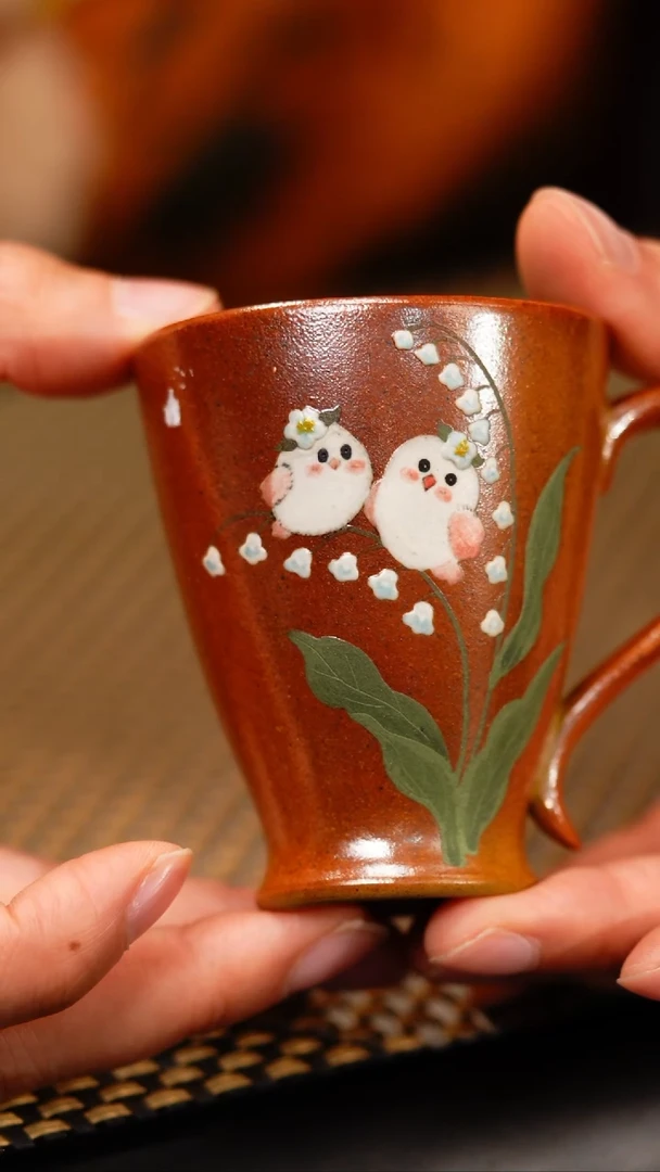 8小鱼柴烧双鸟把子杯